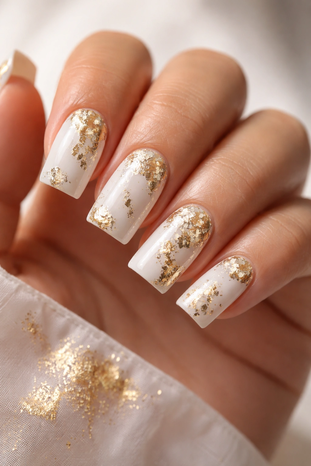 Close-up of white nails with gold foil accents shining in studio light