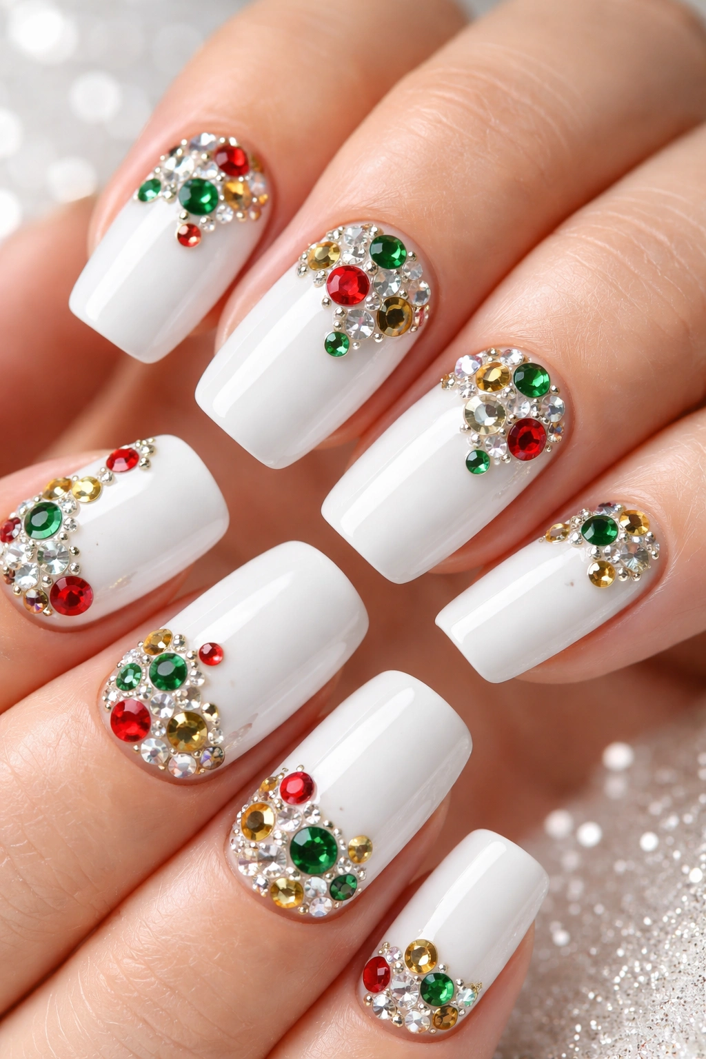 White nails with colorful gemstone accents