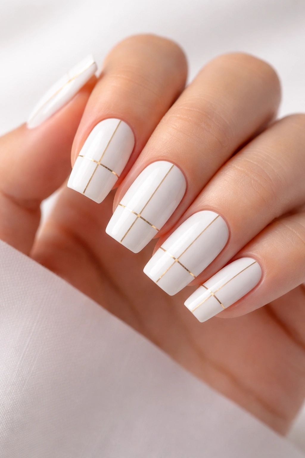 Close-up of white nails with ultra-thin geometric gold lines on a clean background
