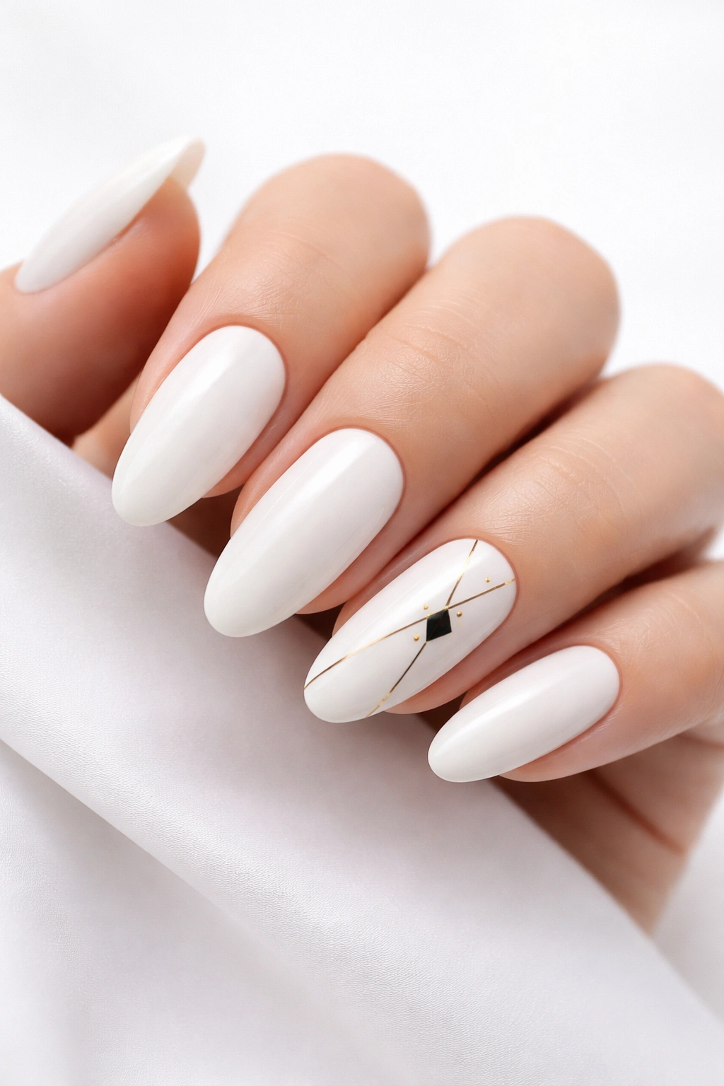 Close-up of white long oval nails with minimalist geometric accents on accent nails.