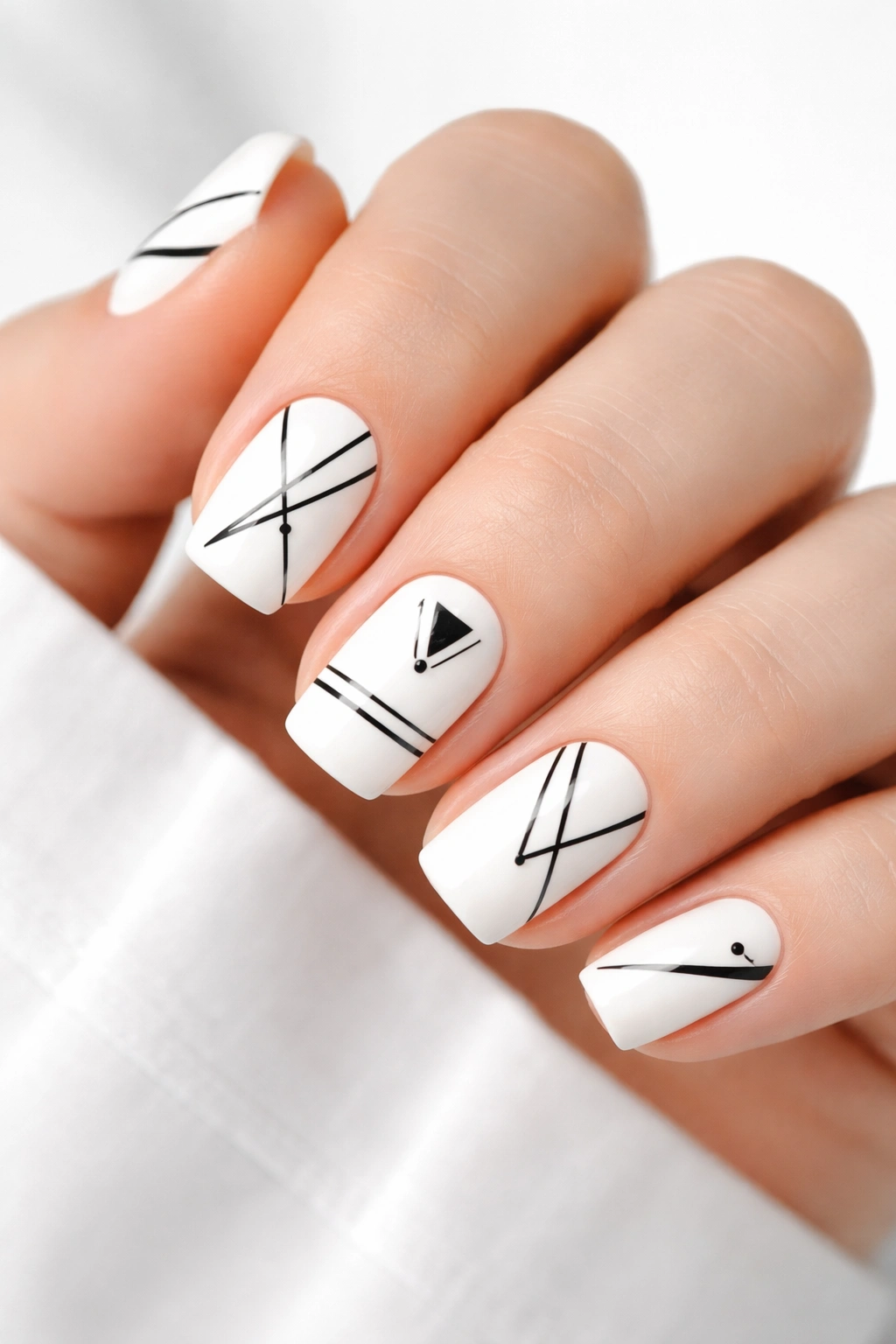 Close-up white nails with black geometric patterns
