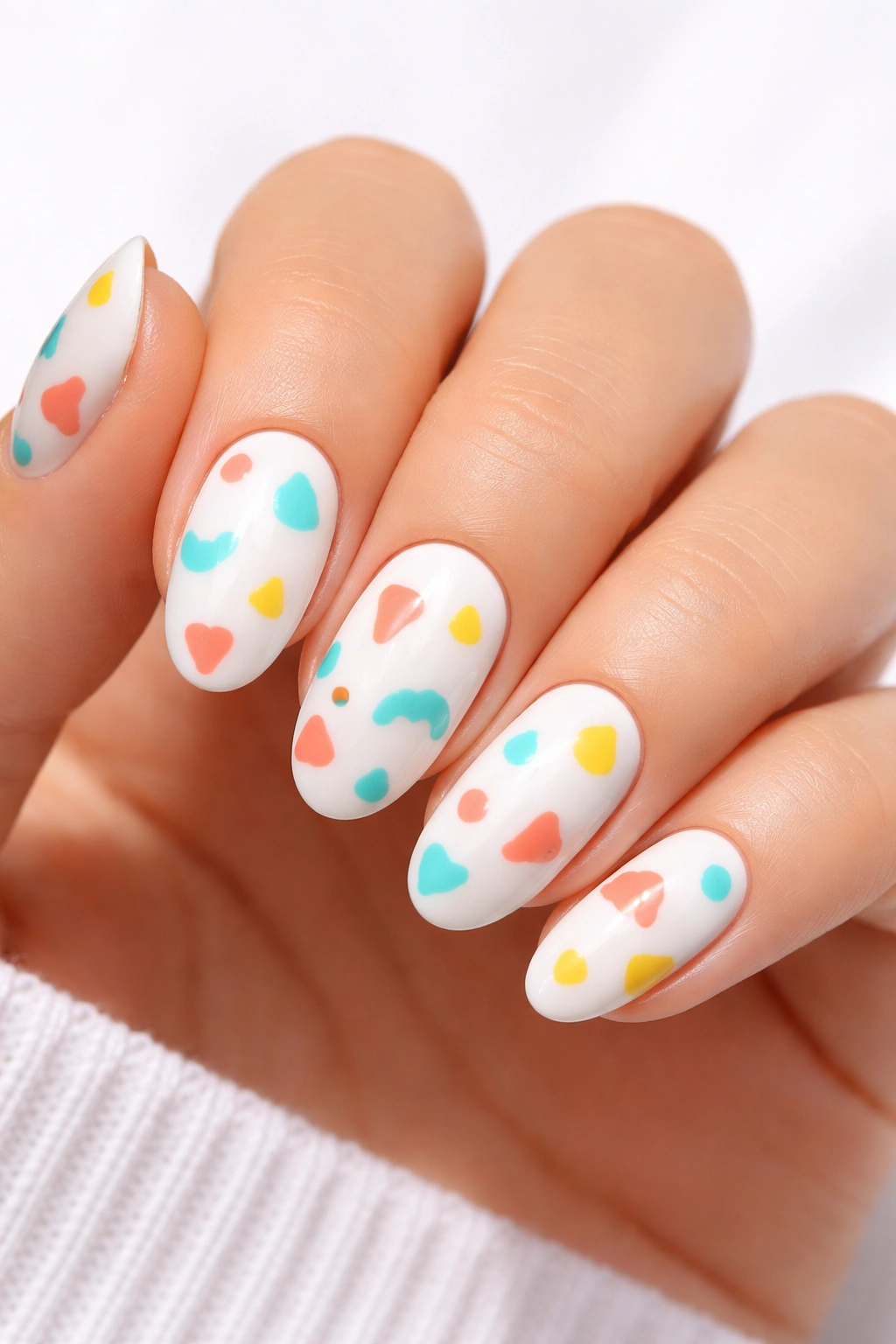 Close-up of white-based oval nails with colorful geometric shapes