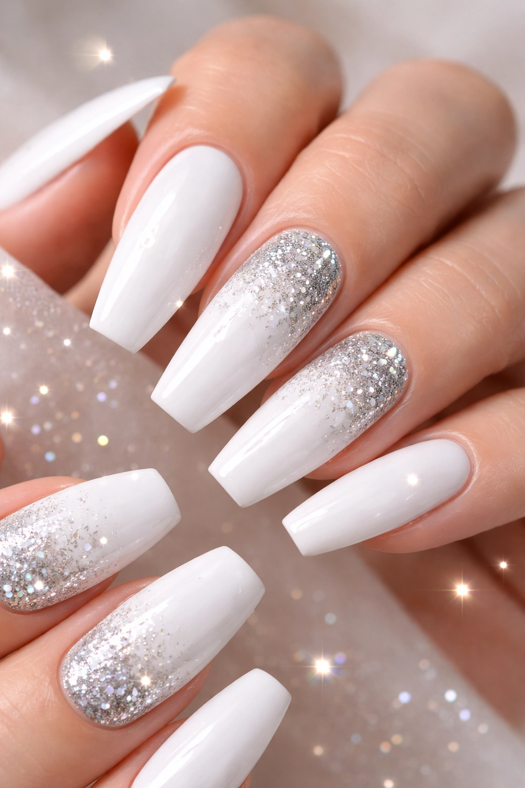 White acrylic nails with silver glitter accents on a hand.