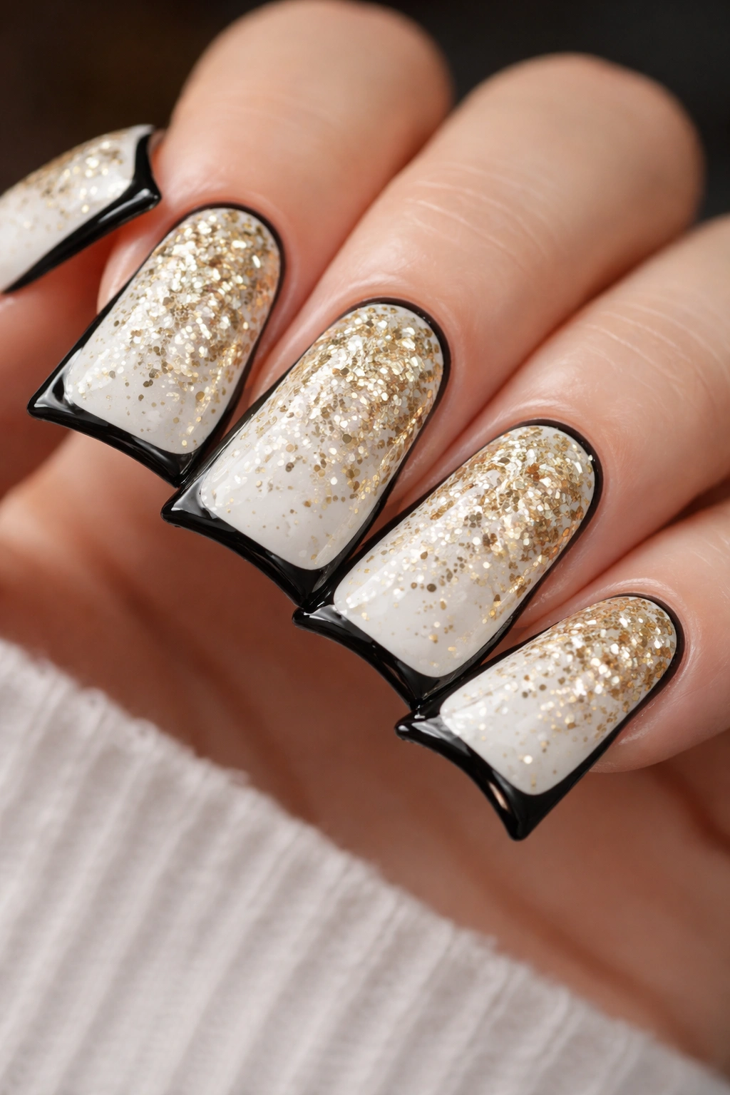 Close-up of white duck nails with chunky gold glitter and black outlines
