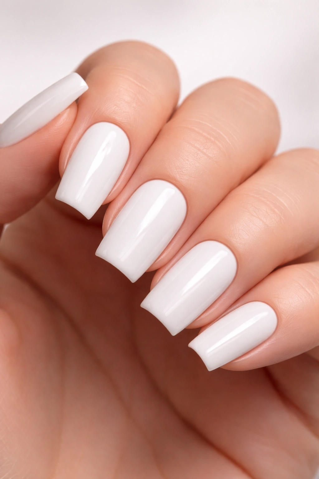Close-up of glossy white square nails on a hand with crisp edges