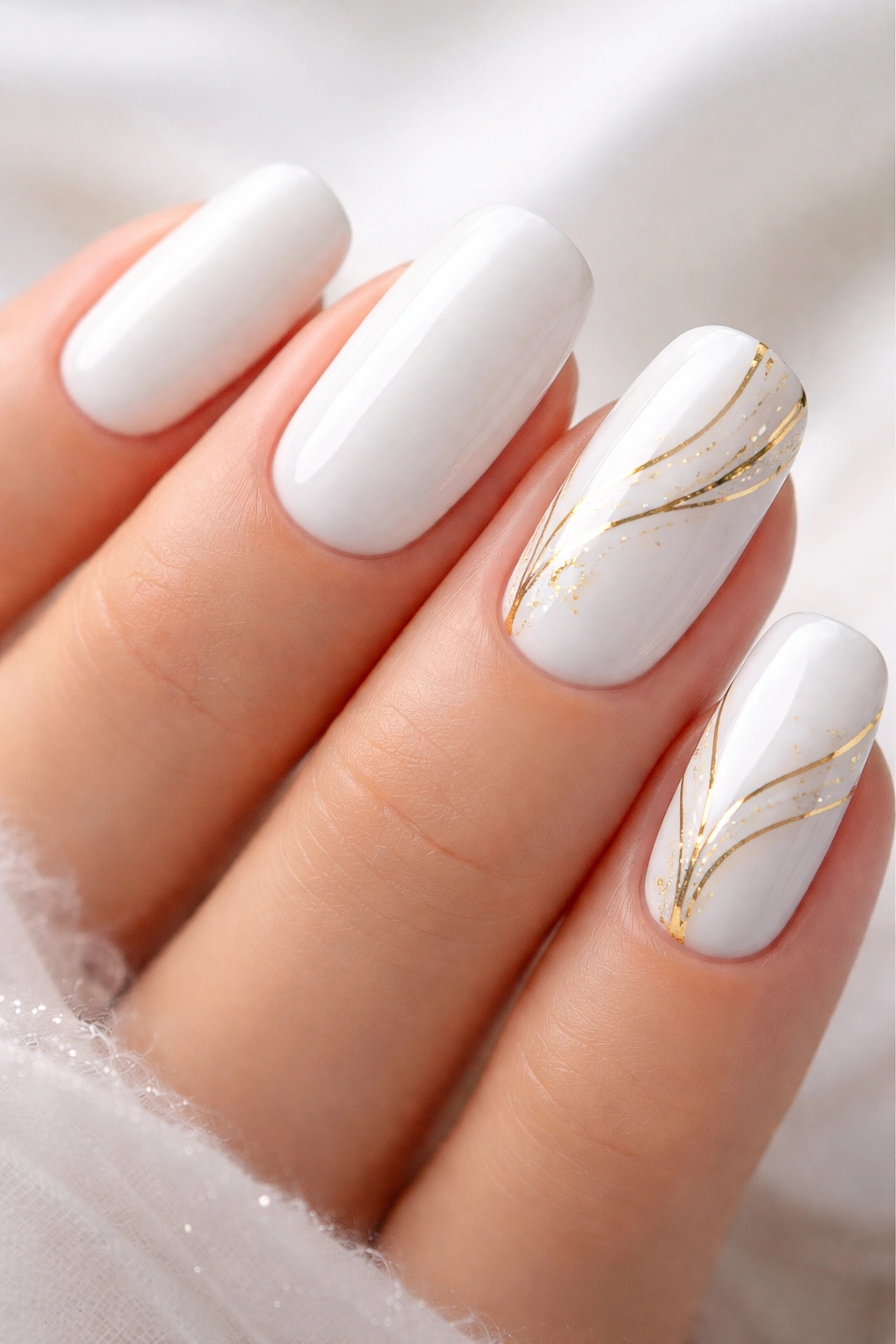 Close-up of white nails with delicate gold accents on accent nails