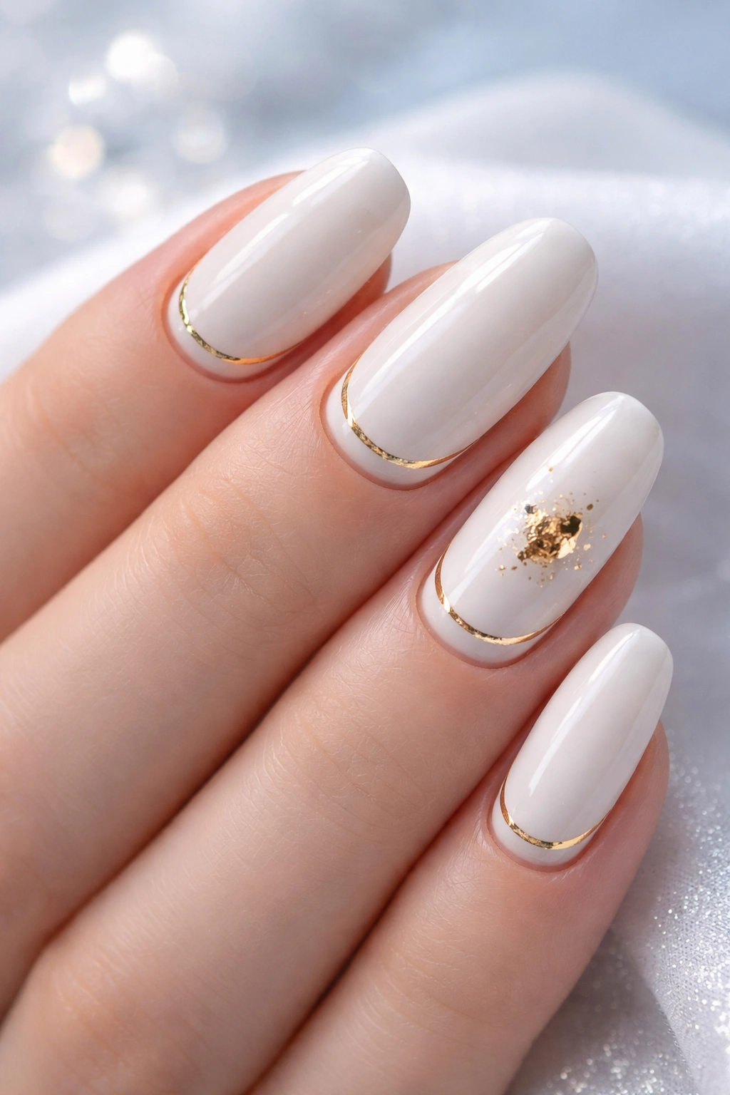 White nails with gold accents and foil on a cool backdrop