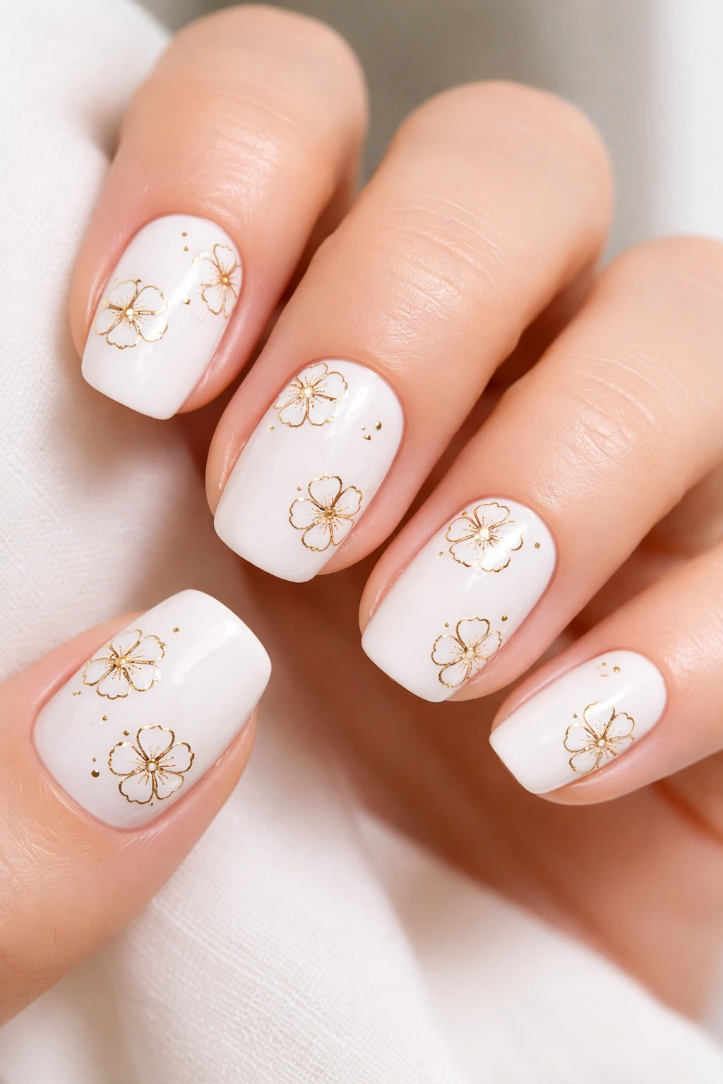 Close-up of white nails with tiny gold-outlined cherry blossoms