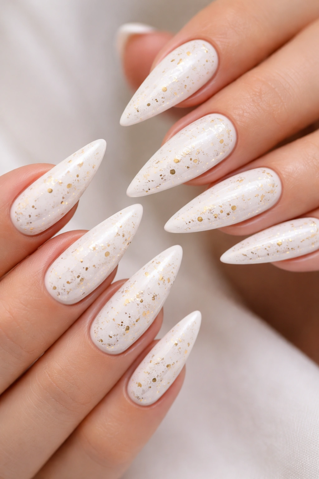 White stiletto nails with scattered gold flecks