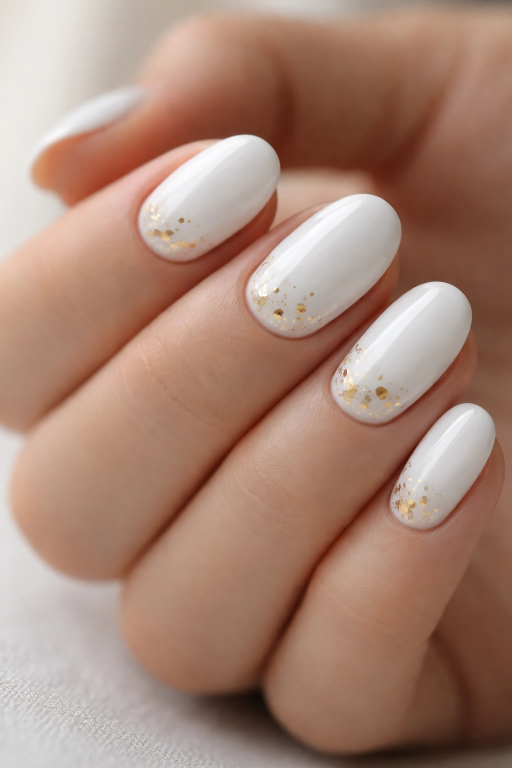 Close-up of white short oval nails with sparse gold foil flecks on the tips