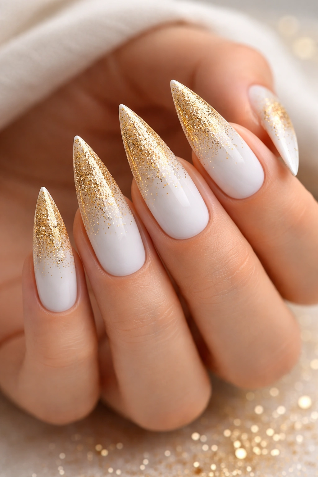 White nails with gold gradient tips and scattered glitter
