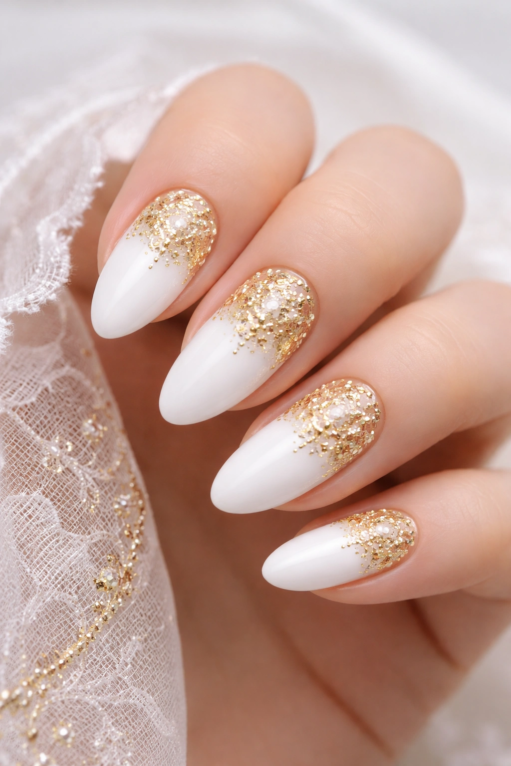 Close-up of white nails with gold lace detailing