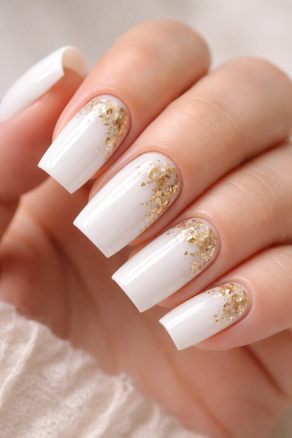 White soft square nails with delicate gold leaf accents.