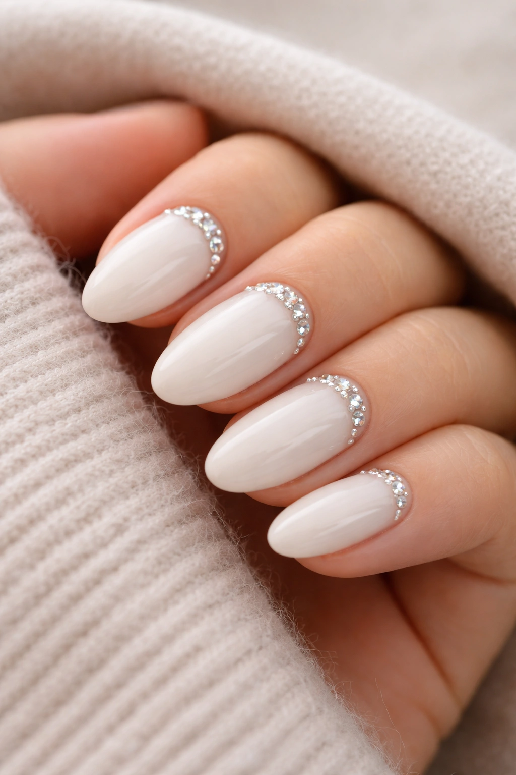 Close-up of short almond nails with creamy white base and crystal half-moons