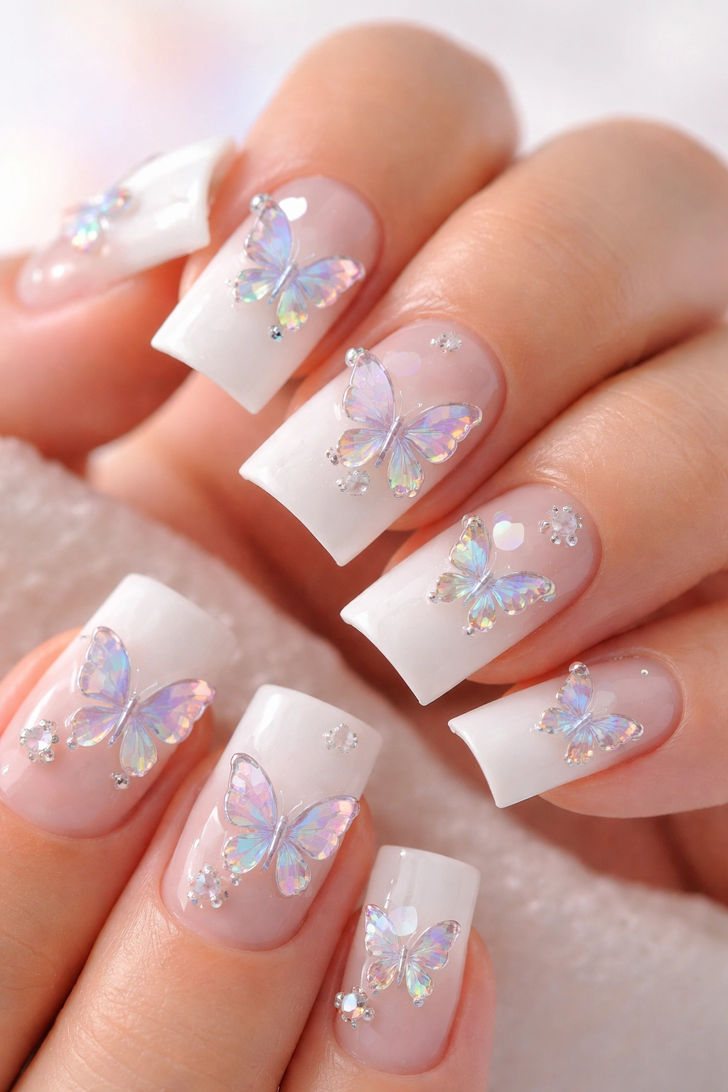 Close-up of white nails with iridescent butterfly charms.