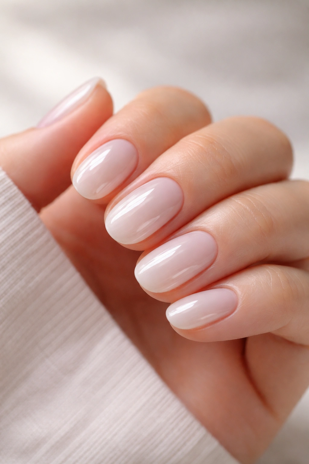 Close-up of white short oval nails with translucent jelly shine
