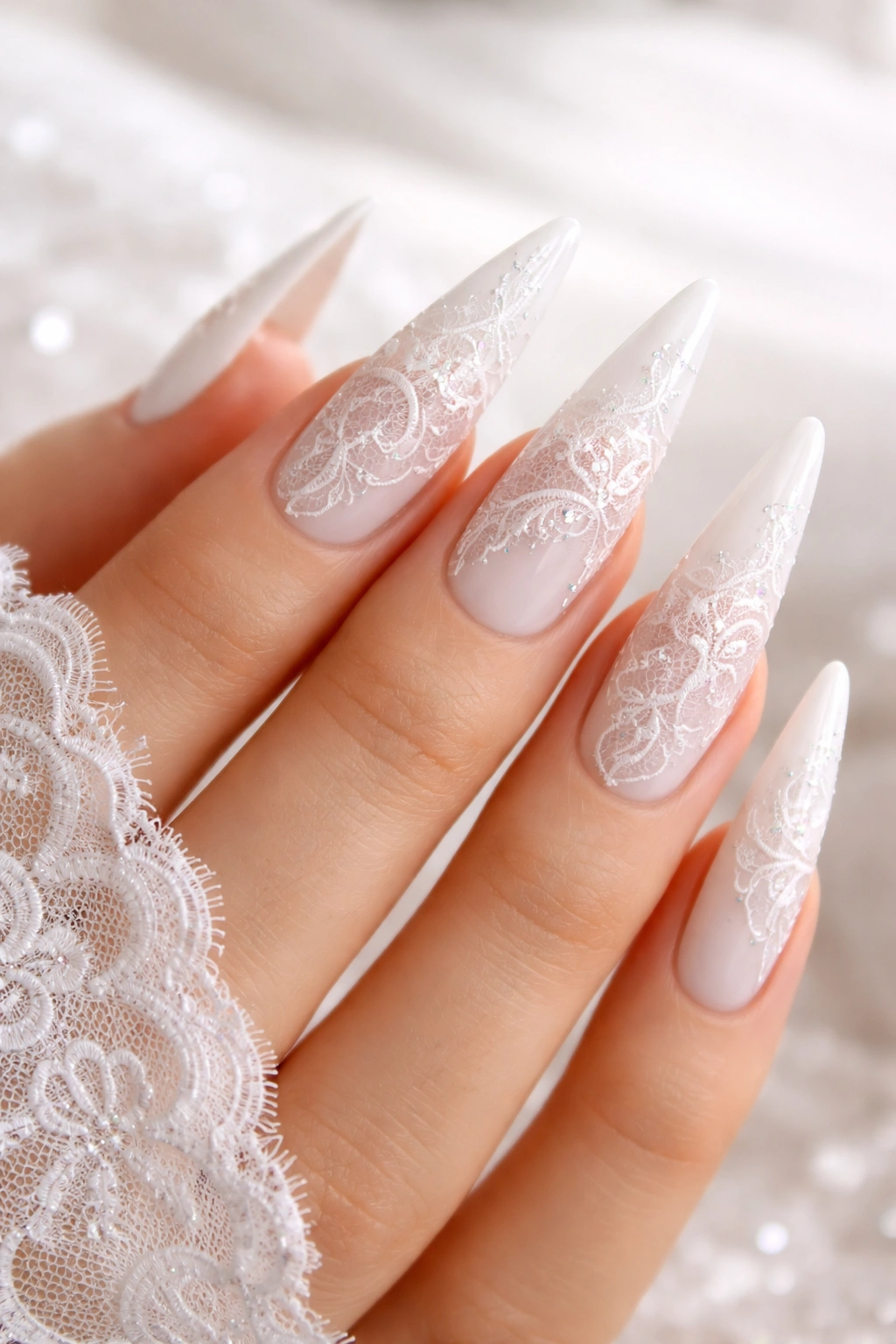 White stiletto nails with delicate lace pattern