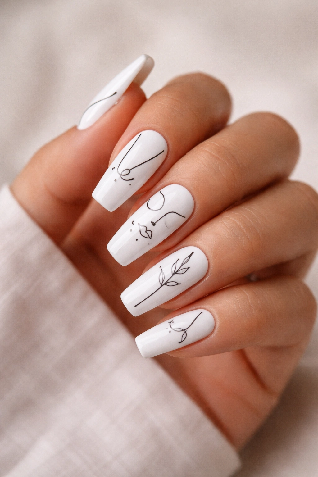 Coffin nails with white base and thin black line art