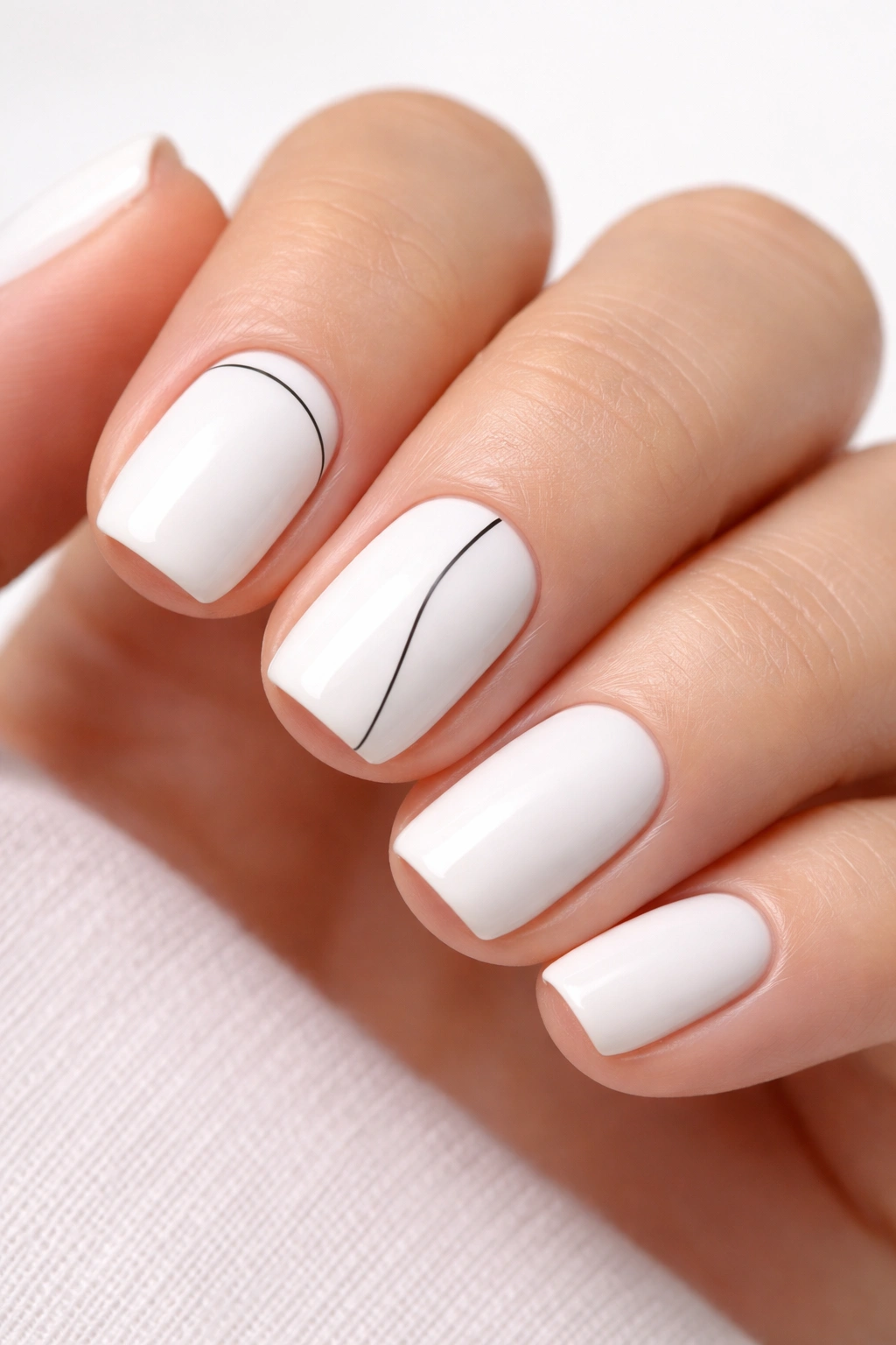 Close-up of short squoval nails with a bright white base and a single fine black line accent