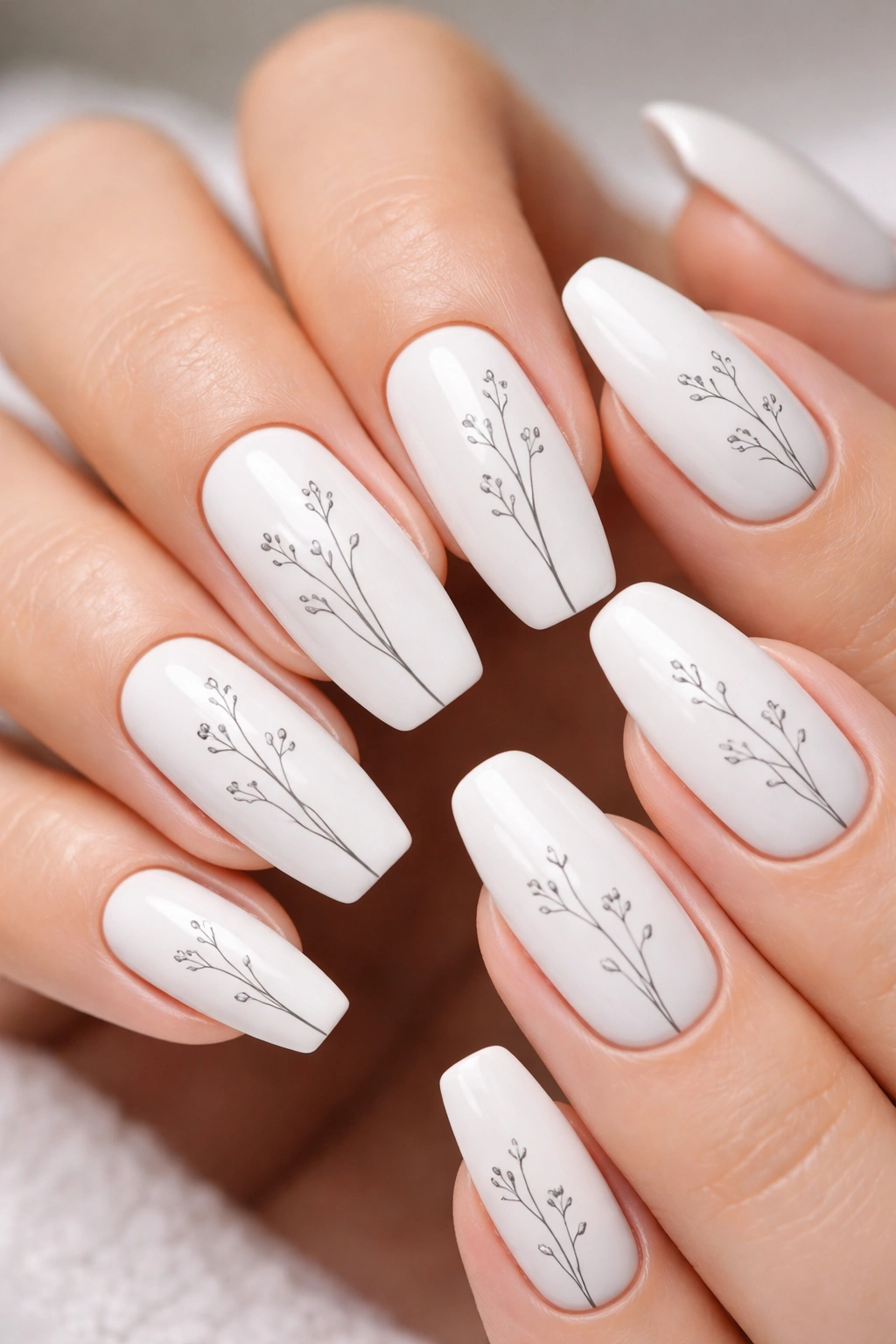 Close-up of white coffin nails with delicate single-line floral motifs on a neutral background.