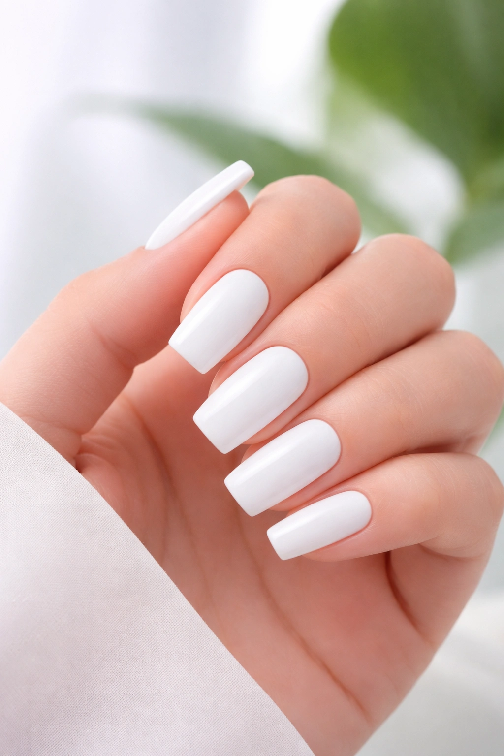 Close-up of white nails on hand with a clean glossy finish