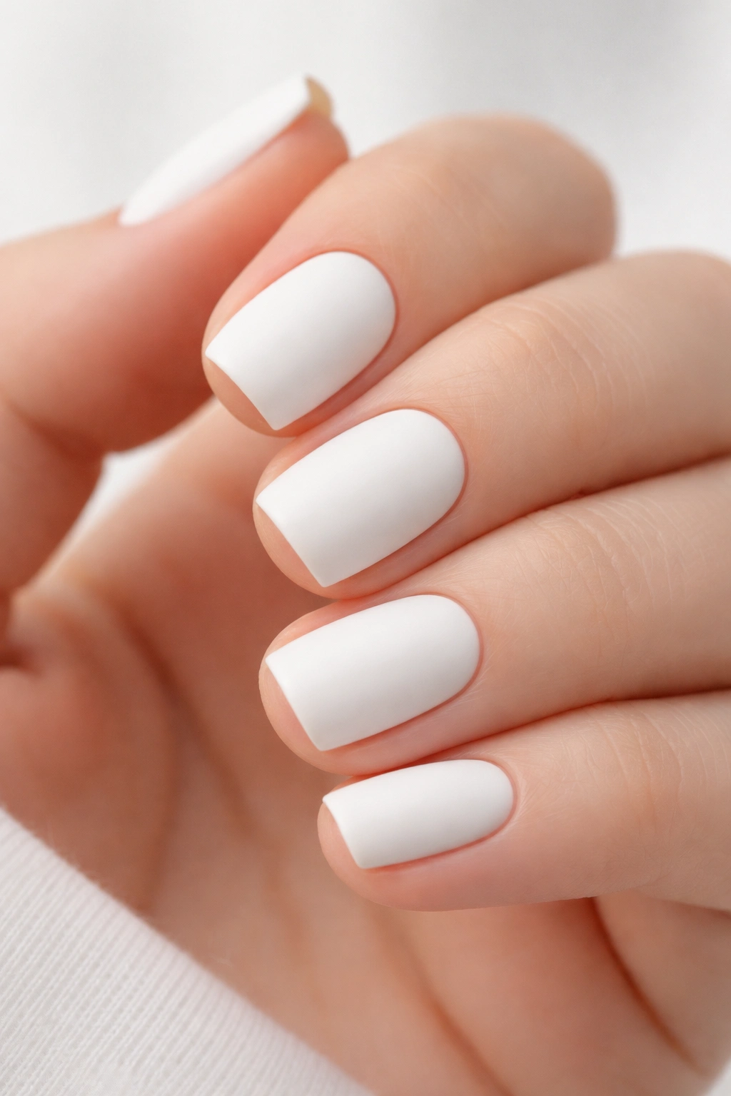 Crisp white creme nails with matte finish on short soft square nails