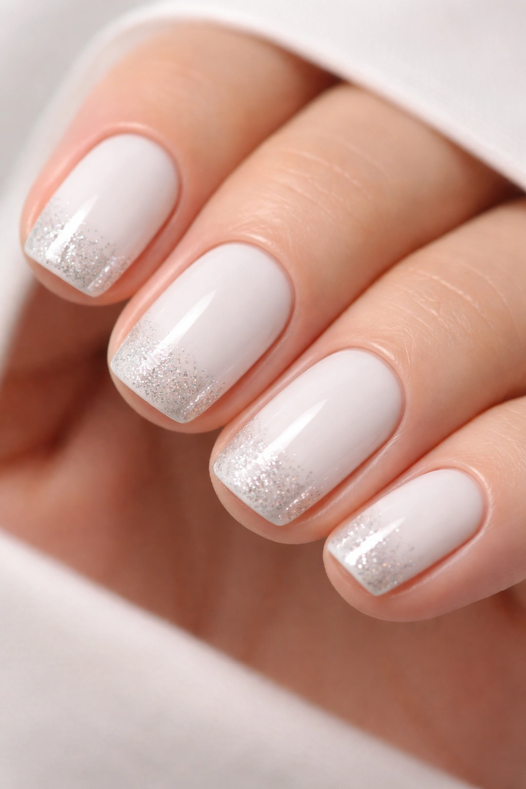 Close-up of short squoval nails with white base and micro glitter tips