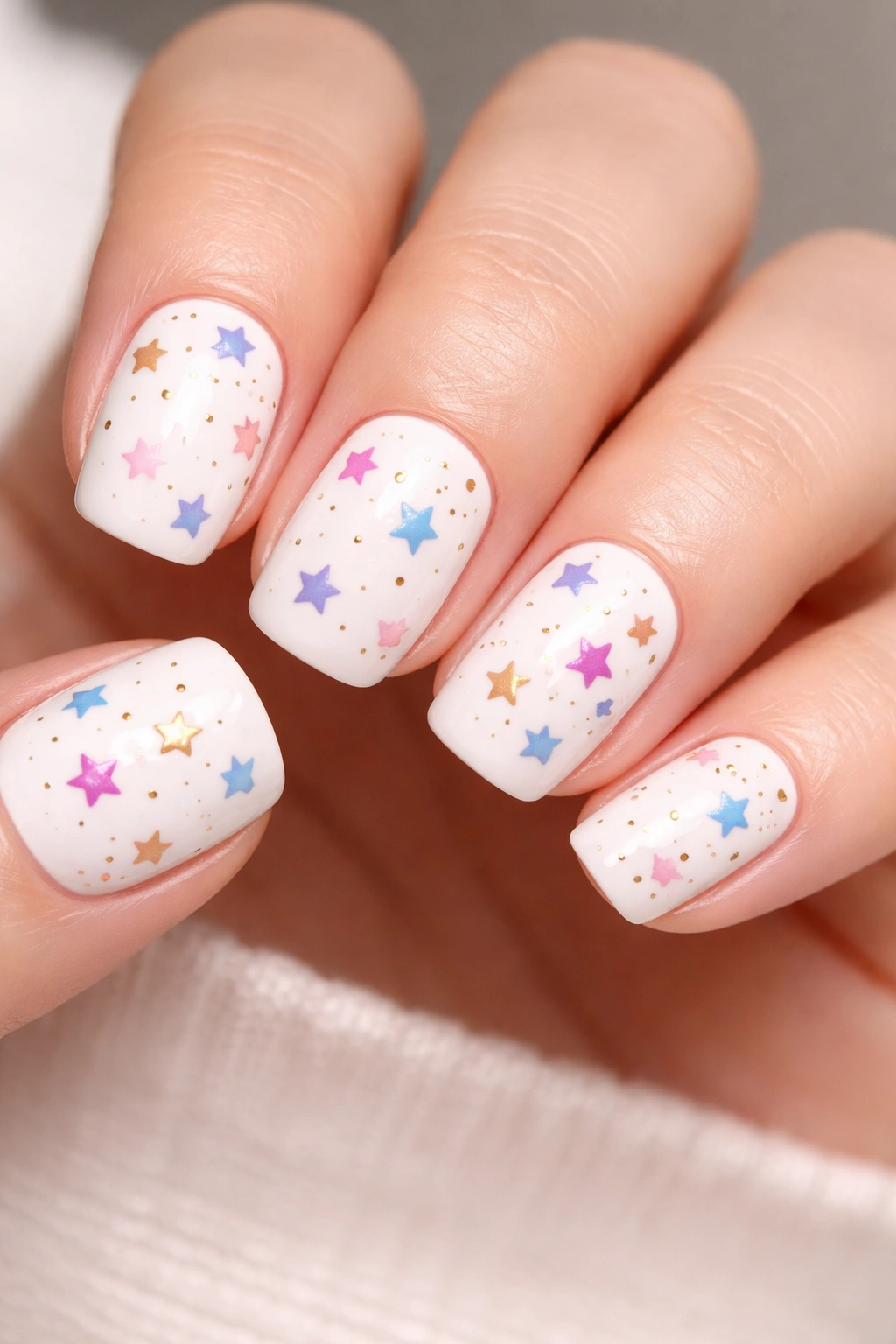 Close-up of white nails with multicolor star constellation accents.