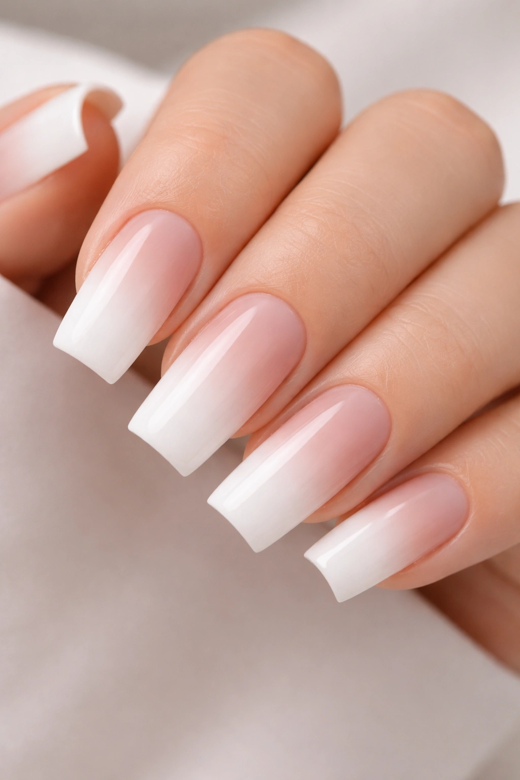 Close-up of white square acrylic nails with a nude gradient ombré
