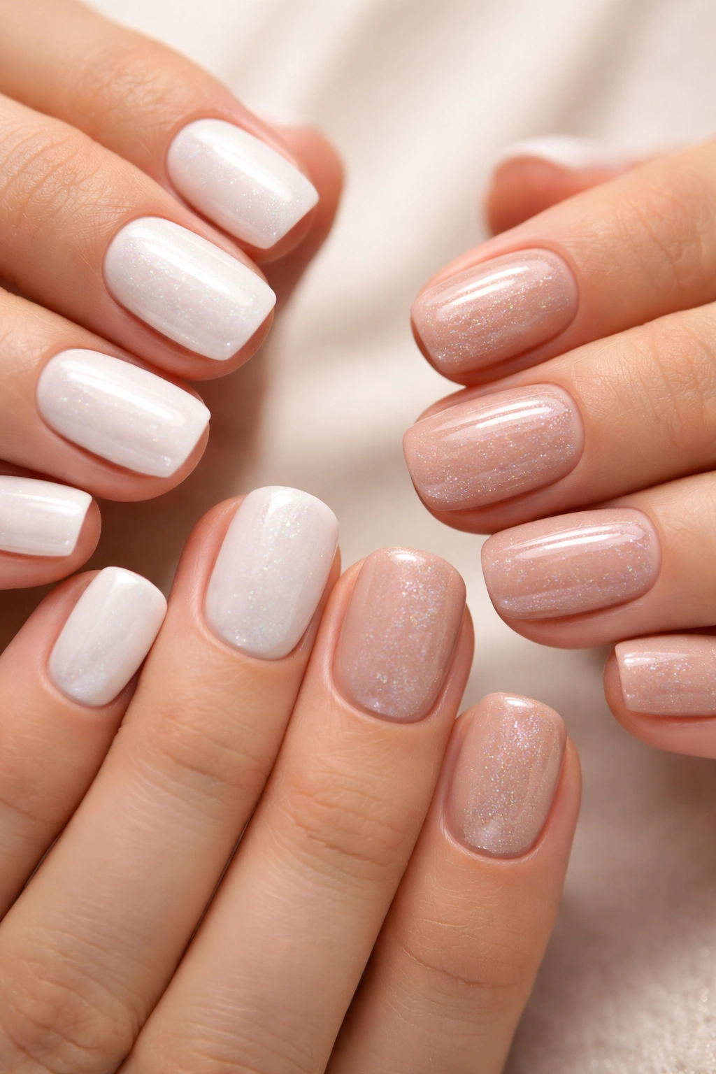 Close-up of hands with white and nude nails featuring shimmering topcoat on short nails.