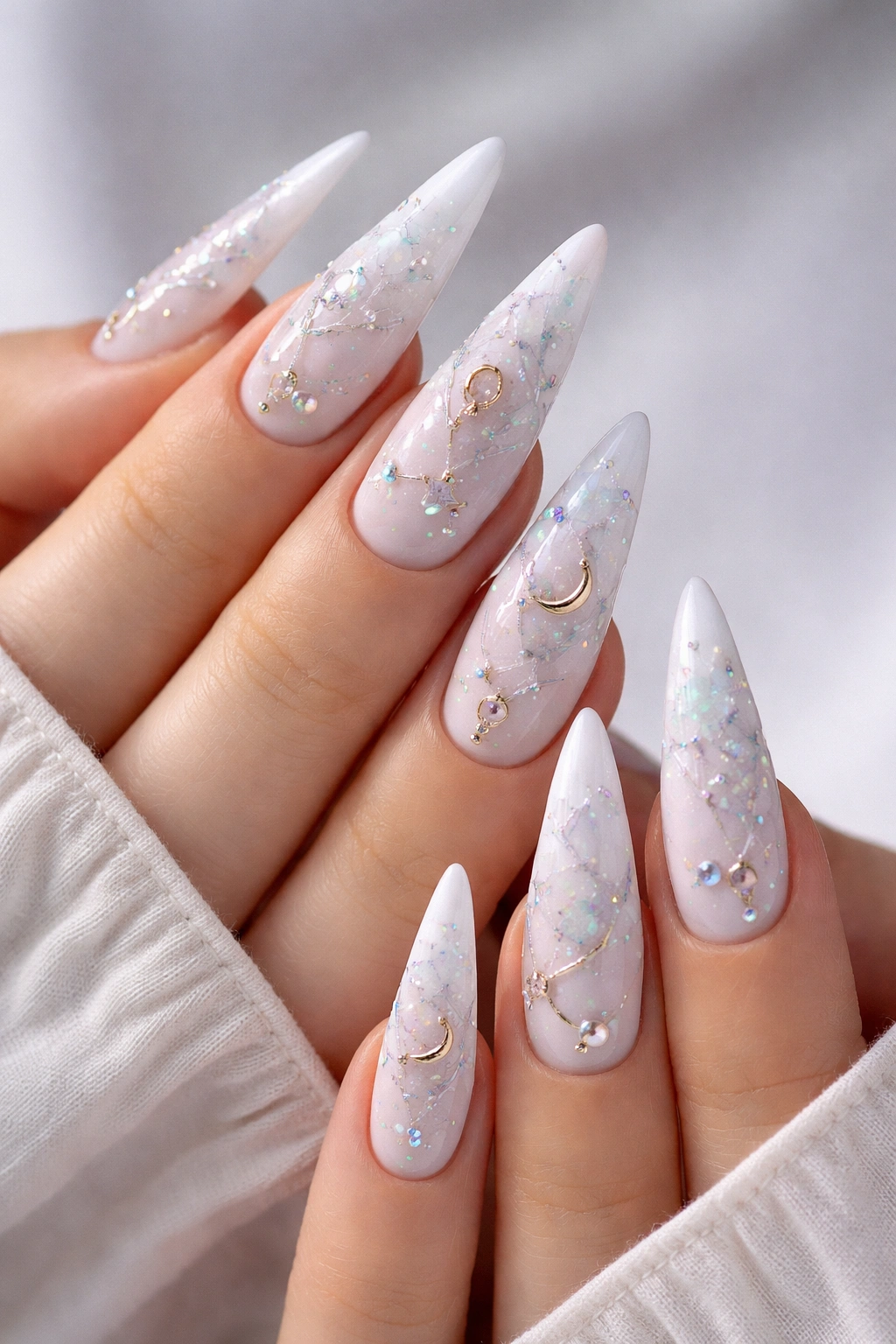 Close-up of white nails with pastel constellation charm patterns