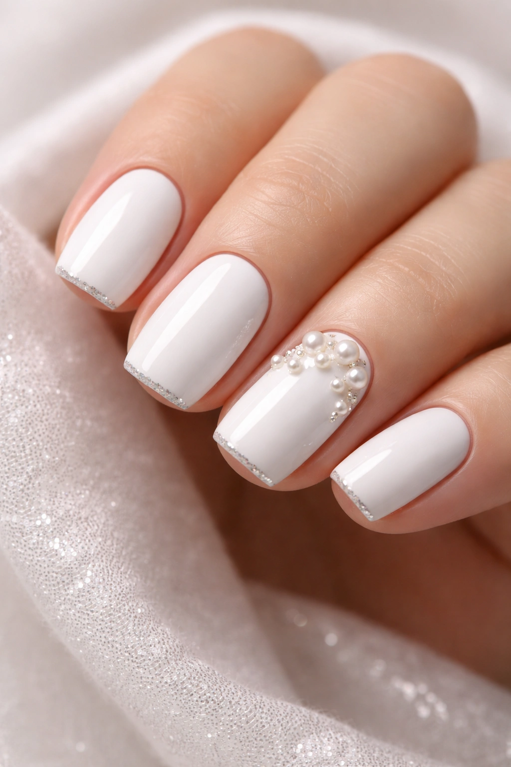 White nails with pearl accents on accent nails
