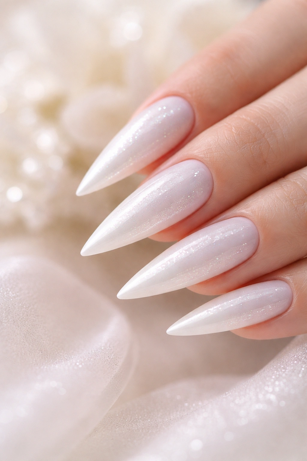 Close-up of white nails with pearl dust shimmer