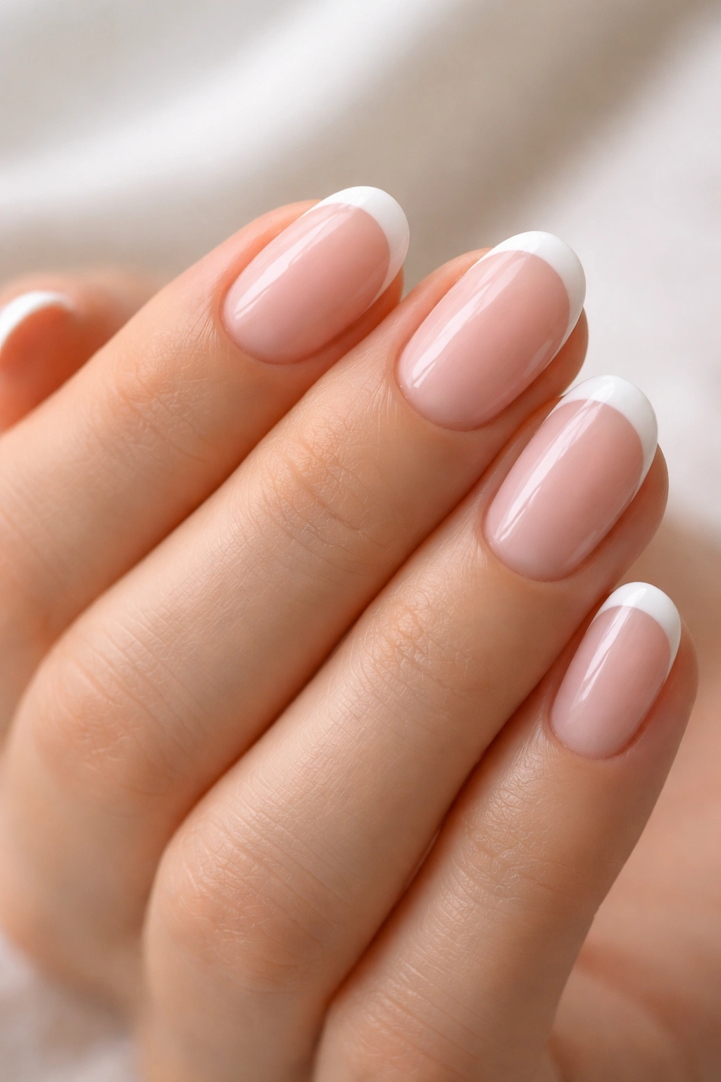 Close-up of white tips over a sheer pink base on white ovals