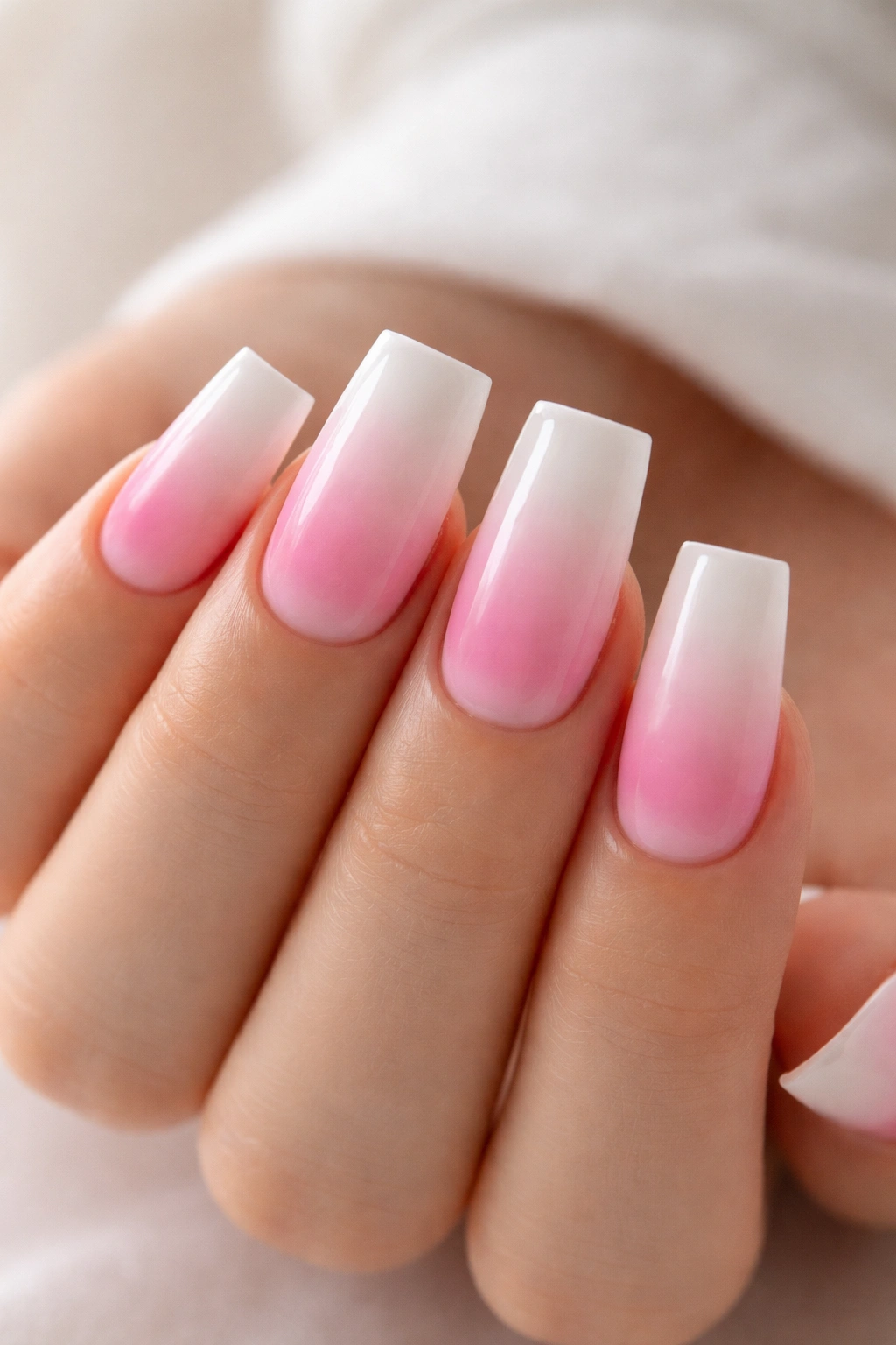 Close-up of white base duck nail with pink ombré at the cuticle
