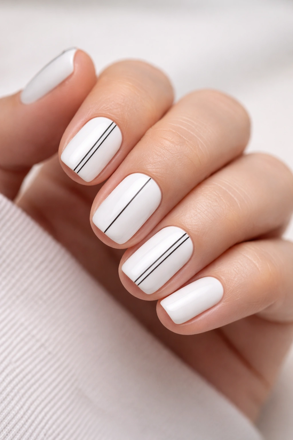 Close-up of short squoval acrylic nails white with thin black pinstripes