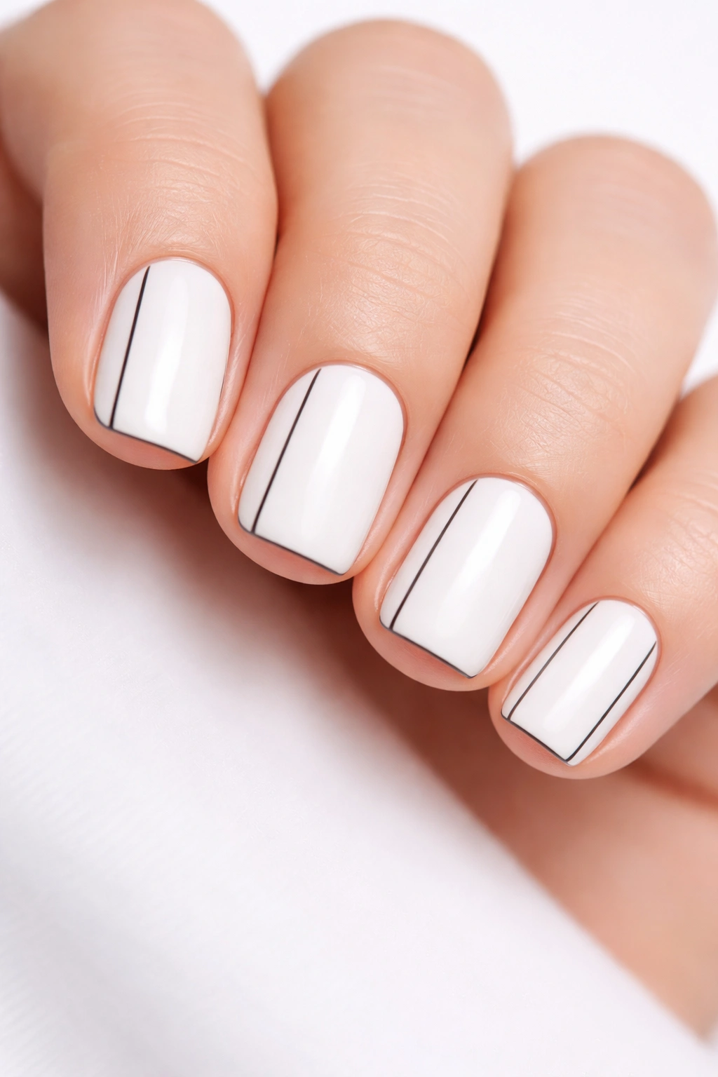 Close-up of white squoval nails with thin black pinstripes for a timeless look