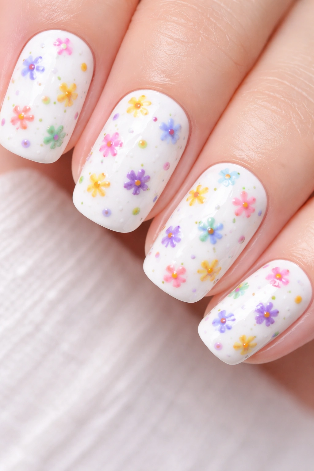 White nails with scattered rainbow micro-flowers