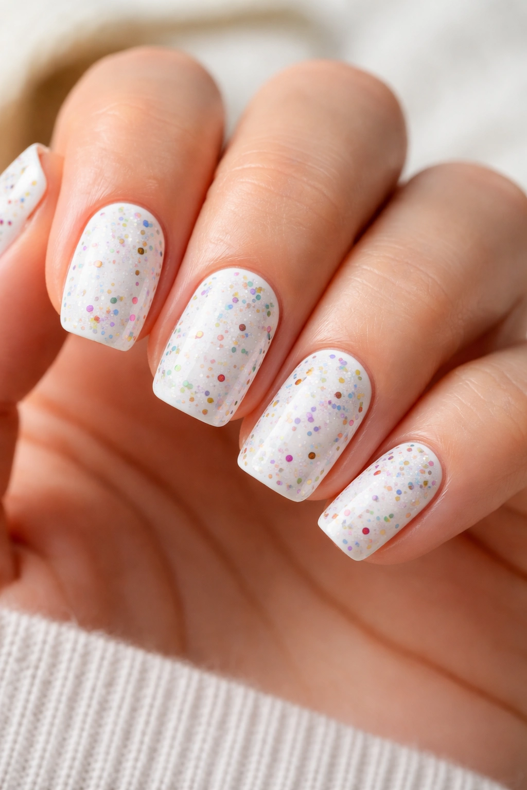 Close-up of white nails with rainbow glitter dots
