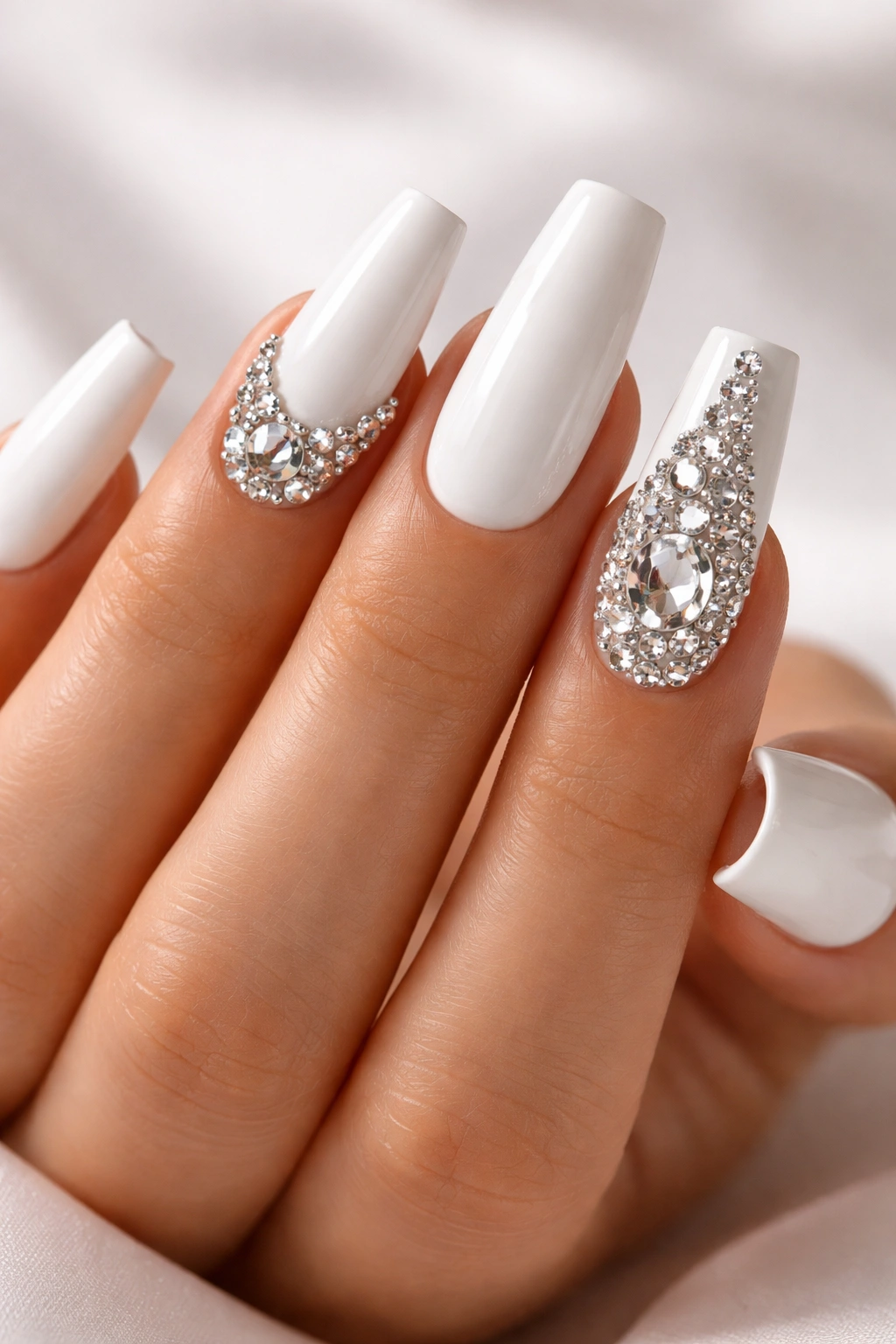 Close-up of white coffin nails with rhinestones on a neutral background