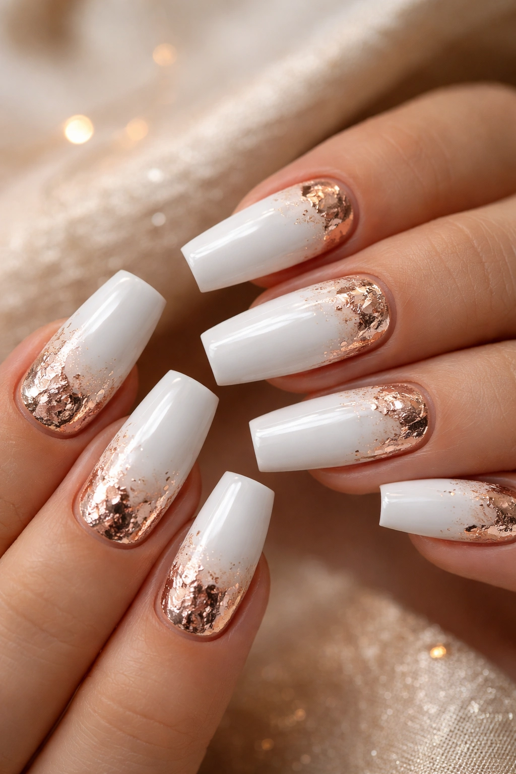 Coffin nails with white base and rose gold foil accents