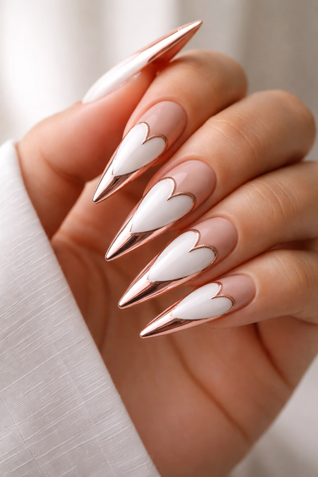White stiletto nails with rose gold tips and rose-gold heart outlines