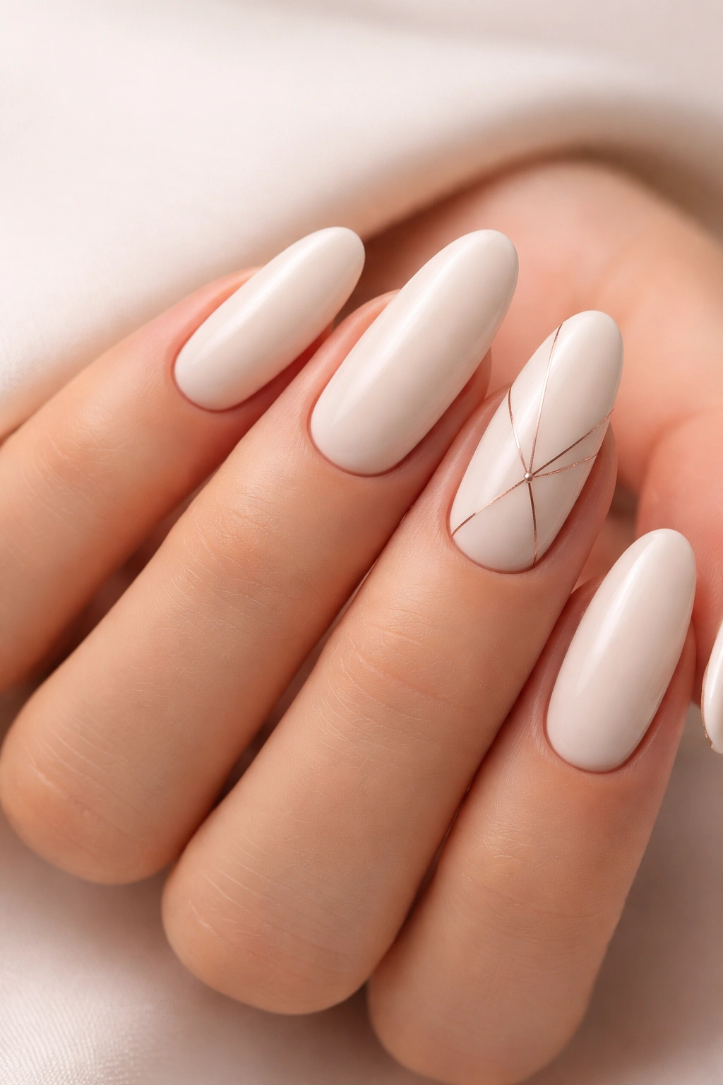 Close-up of long oval nails in soft white with rose gold line patterns