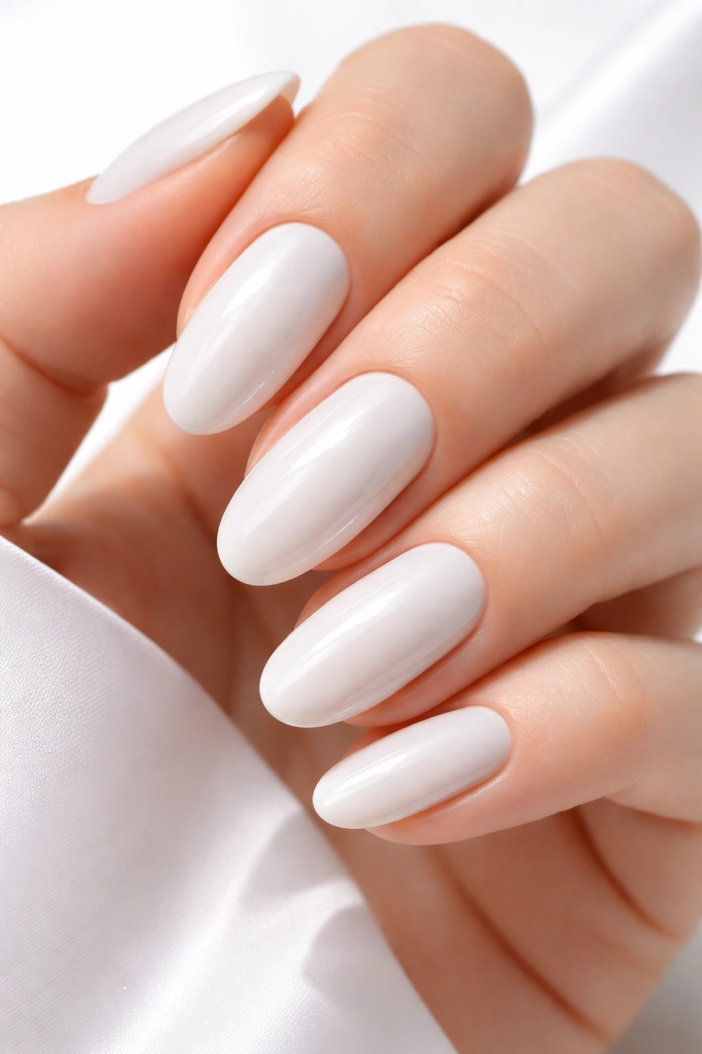 Close-up of oval nails with pure white polish and subtle pearl sheen