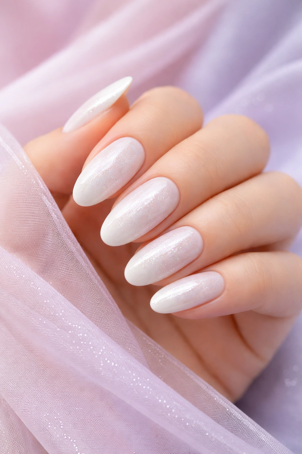 White nails with subtle shimmer against pastel fabric backdrop