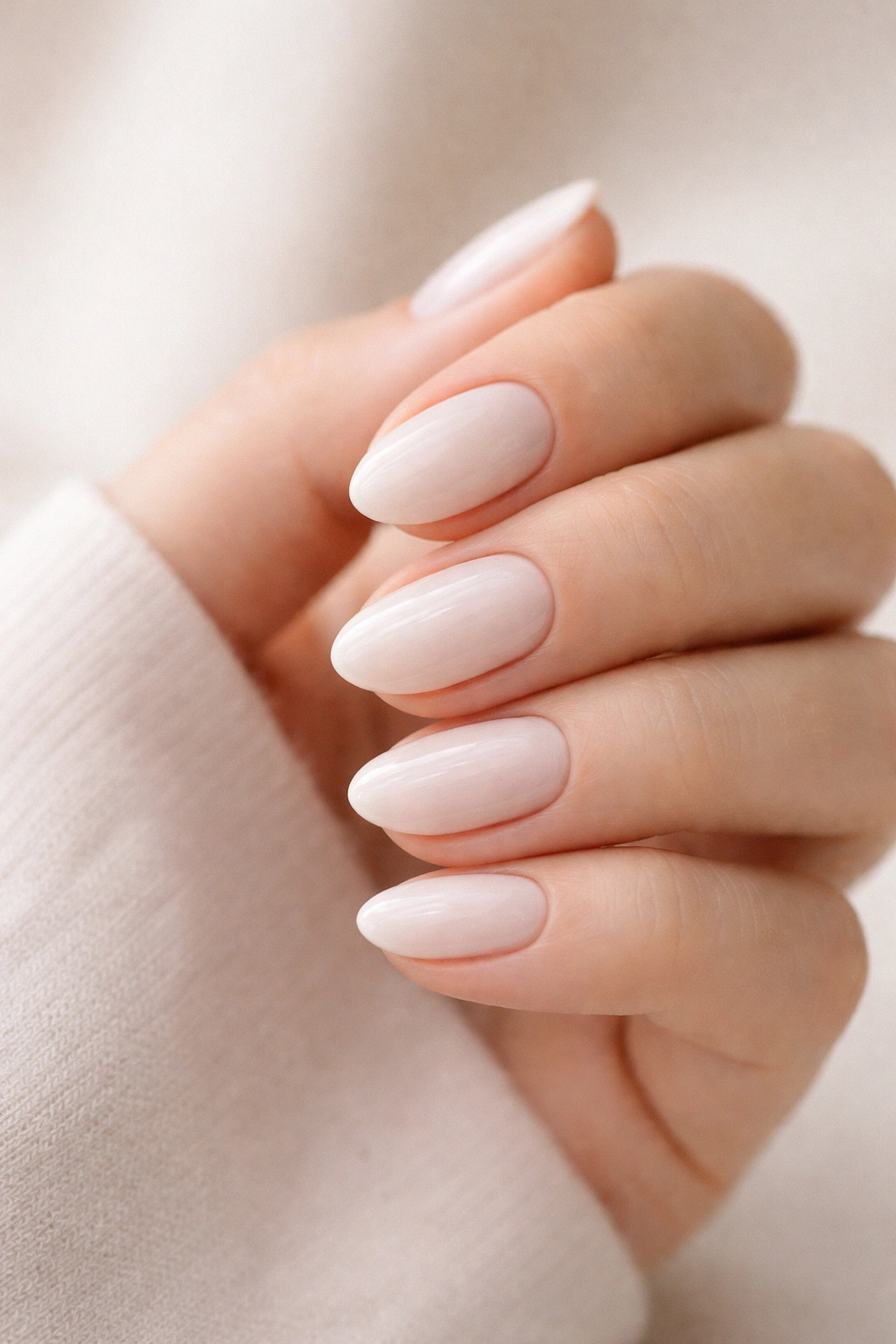 Close-up barely-there white short almond nails with glossy finish