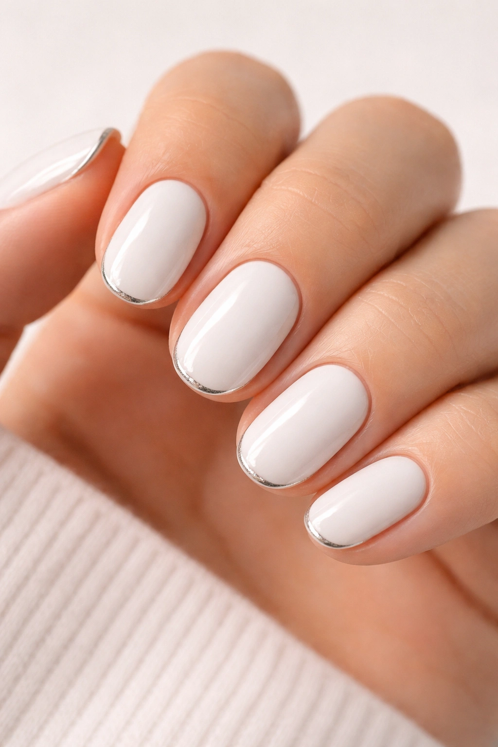 Close-up of white oval nails with a delicate silver outline