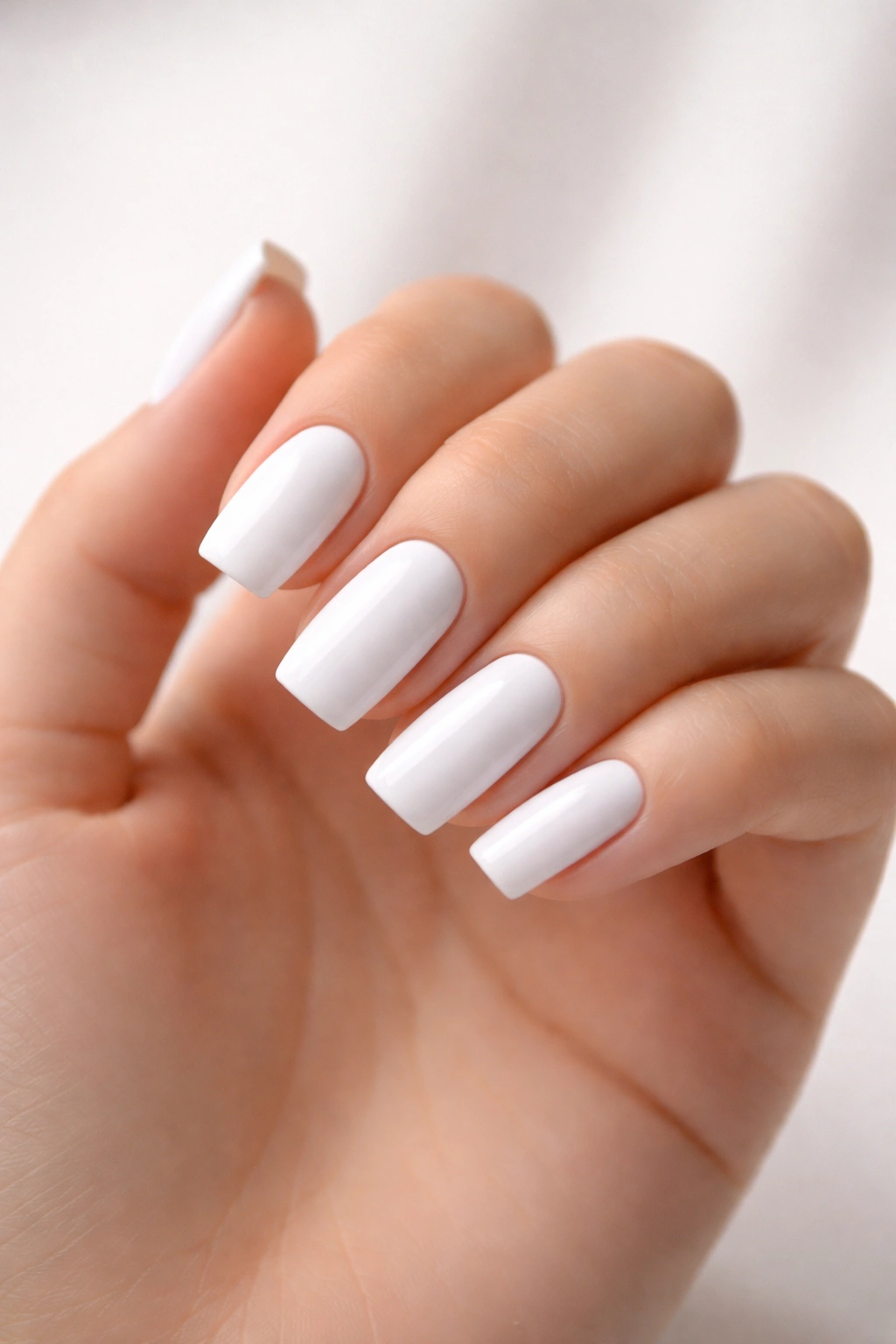 Close-up of white soft square nails in a minimal studio setting.