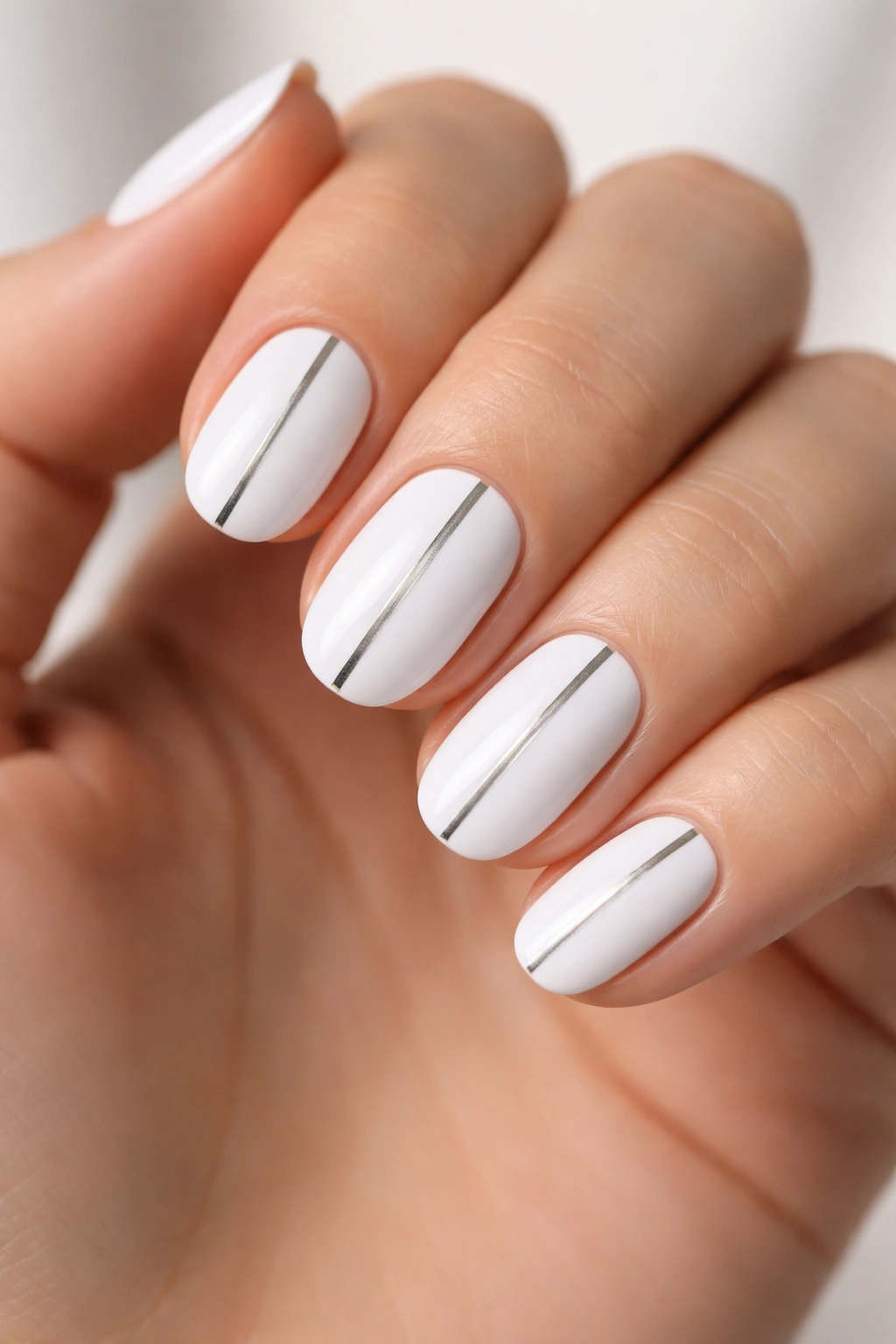 Close-up of white short oval nails with a centered single stripe