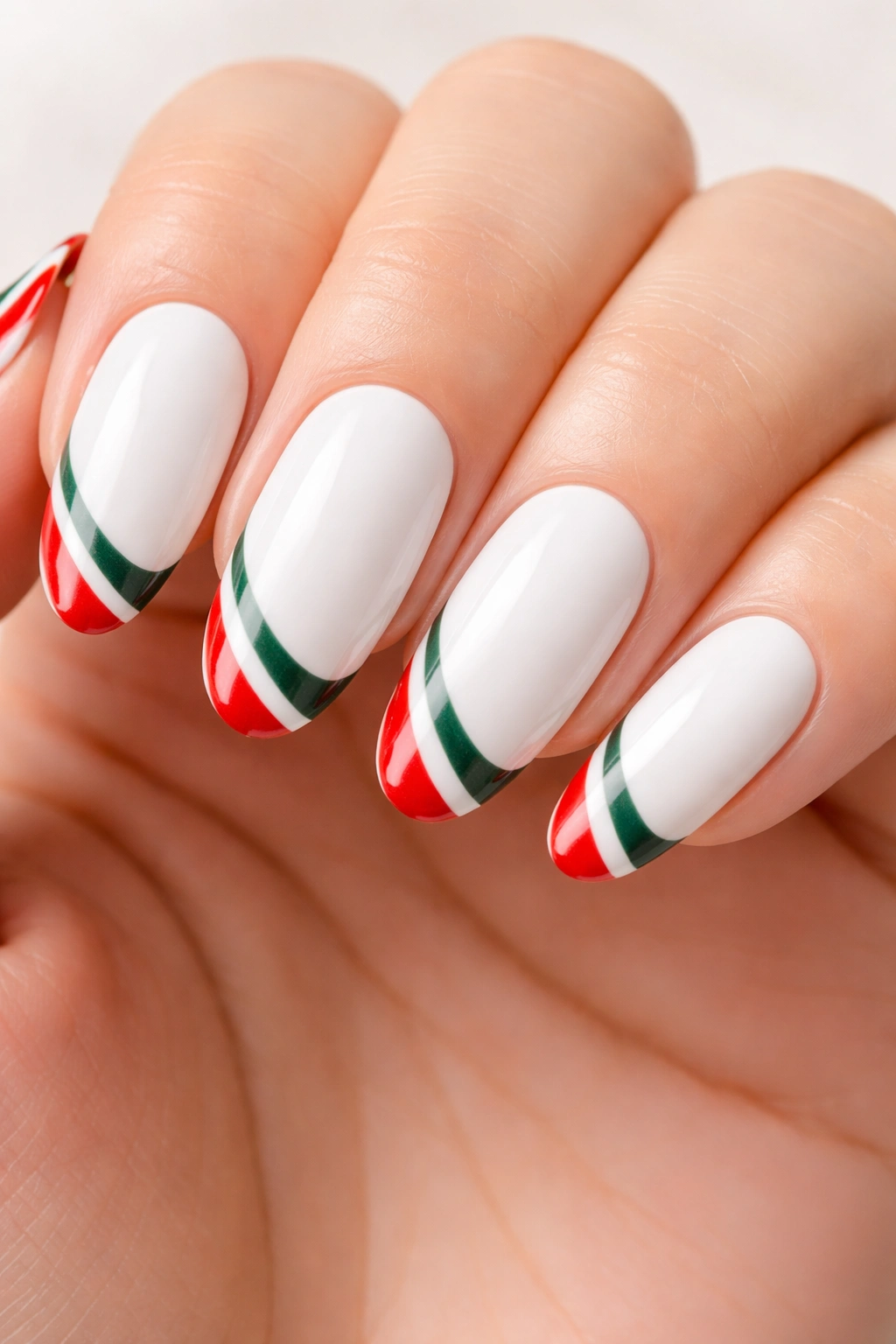 Close-up of white-based long oval nails with red and green striped tips